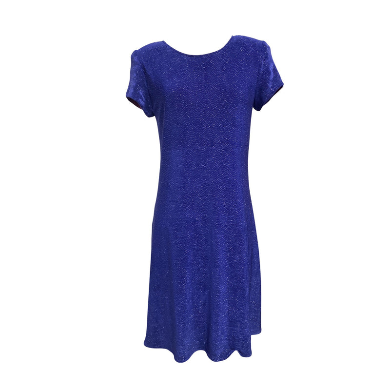 Vintage Nina Piccalino Blue A-Line Dress W/ Glitter Accents and Purple Lining Made In USA Short Sleeves Womens M