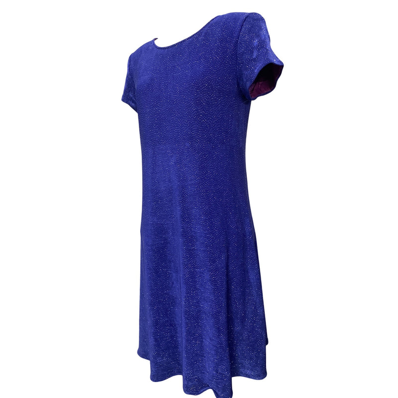 Vintage Nina Piccalino Blue A-Line Dress W/ Glitter Accents and Purple Lining Made In USA Short Sleeves Womens M