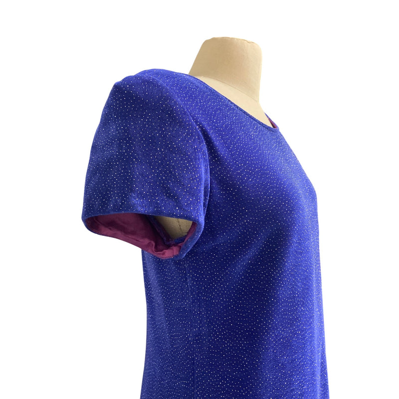 Vintage Nina Piccalino Blue A-Line Dress W/ Glitter Accents and Purple Lining Made In USA Short Sleeves Womens M