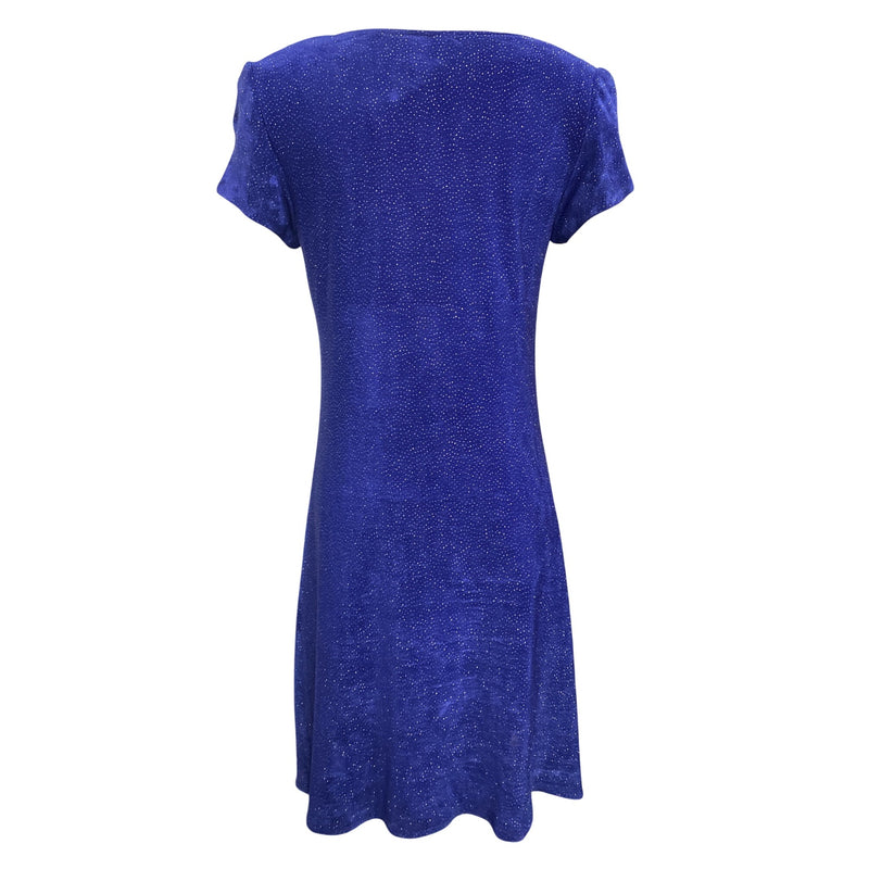 Vintage Nina Piccalino Blue A-Line Dress W/ Glitter Accents and Purple Lining Made In USA Short Sleeves Womens M