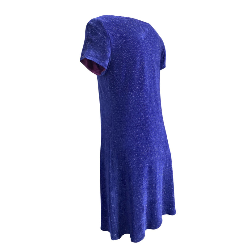 Vintage Nina Piccalino Blue A-Line Dress W/ Glitter Accents and Purple Lining Made In USA Short Sleeves Womens M