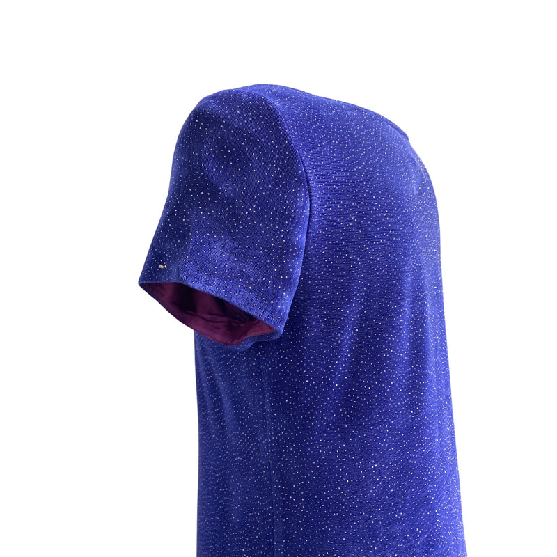 Vintage Nina Piccalino Blue A-Line Dress W/ Glitter Accents and Purple Lining Made In USA Short Sleeves Womens M