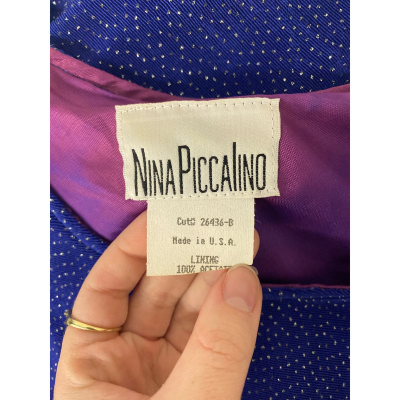 Vintage Nina Piccalino Blue A-Line Dress W/ Glitter Accents and Purple Lining Made In USA Short Sleeves Womens M