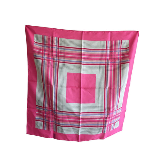 Vintage Pink Plaid Square Scarf All Polyester 26.5" Hand-Rolled Edges Retro 1960s-70s Japan-Made