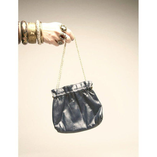 Vintage Little Bag Navy Blue Leather Golden Chain Handle HandBag Accessory