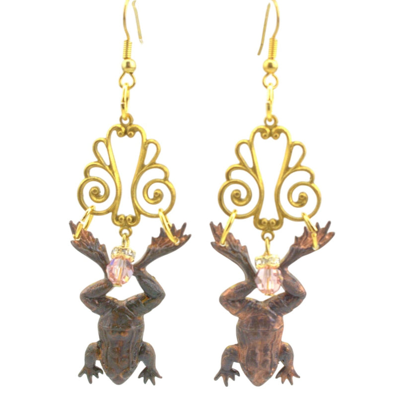 French Frog Earrings With Gold Scrolls Swarovski Crystals Gay Isber Design 2.5 Inches Long