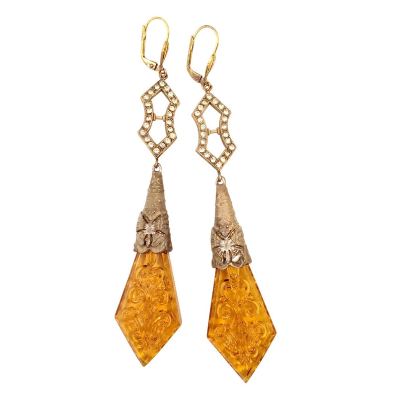 Vintage Czecho Amber Glass Drop Earrings With Floral Etching Geometric Gold-Tone Accents, Sustainable Fashion Education Programs Fundraiser