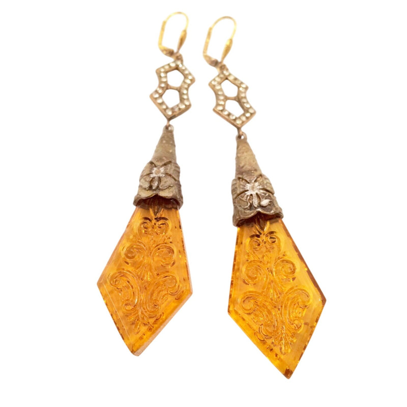 Vintage Czecho Amber Glass Drop Earrings With Floral Etching Geometric Gold-Tone Accents, Sustainable Fashion Education Programs Fundraiser