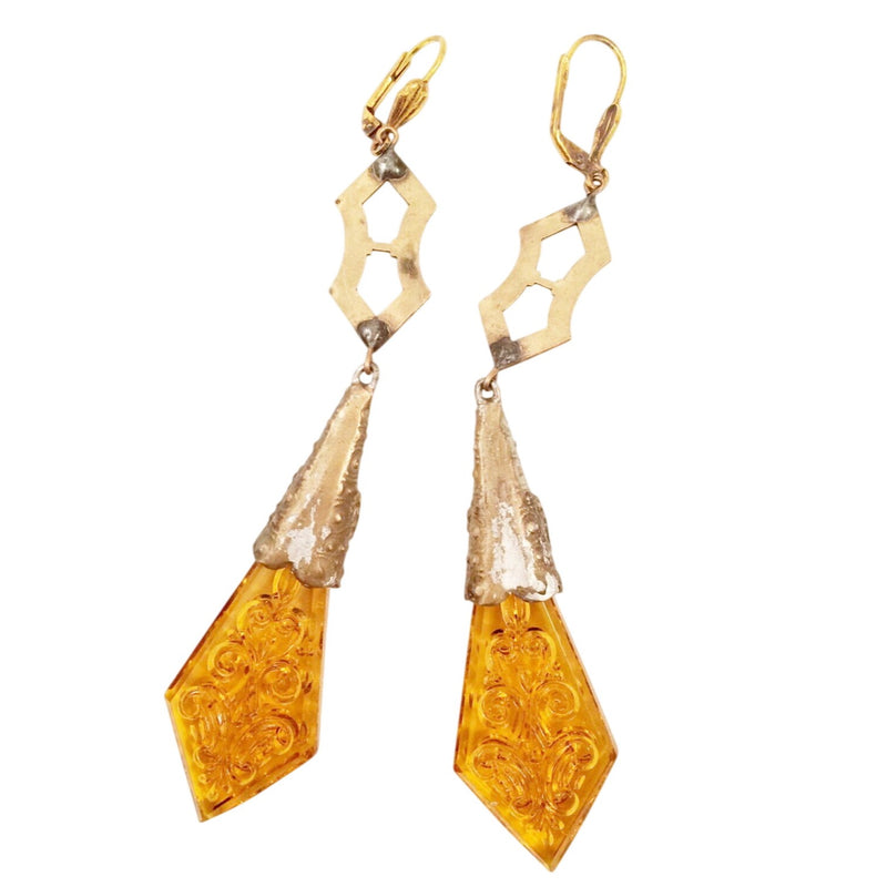 Vintage Czecho Amber Glass Drop Earrings With Floral Etching Geometric Gold-Tone Accents, Sustainable Fashion Education Programs Fundraiser