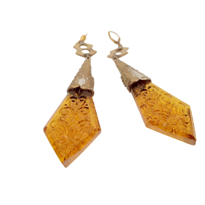 Vintage Czecho Amber Glass Drop Earrings With Floral Etching Geometric Gold-Tone Accents, Sustainable Fashion Education Programs Fundraiser