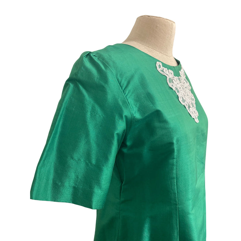 Vintage Handmade Emerald Green Short Sleeve Midi Dress With White Embroidered Lace Detail and Back Zipper Closure