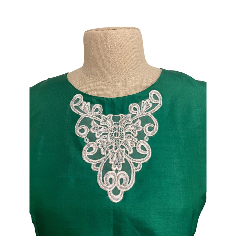 Vintage Handmade Emerald Green Short Sleeve Midi Dress With White Embroidered Lace Detail and Back Zipper Closure