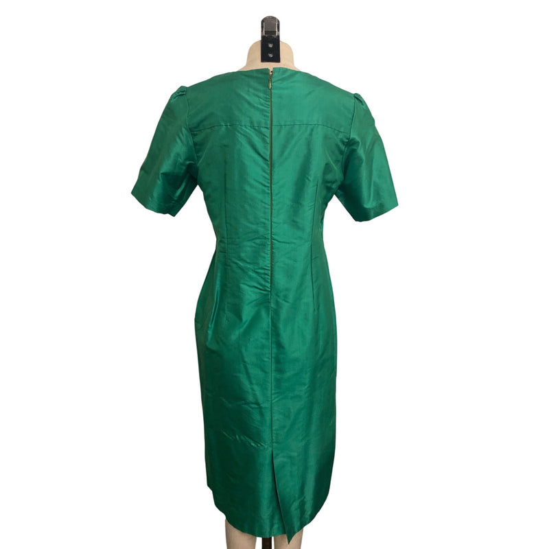 Vintage Handmade Emerald Green Short Sleeve Midi Dress With White Embroidered Lace Detail and Back Zipper Closure