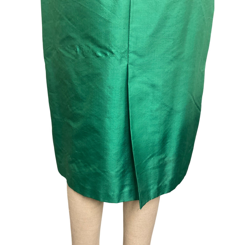 Vintage Handmade Emerald Green Short Sleeve Midi Dress With White Embroidered Lace Detail and Back Zipper Closure