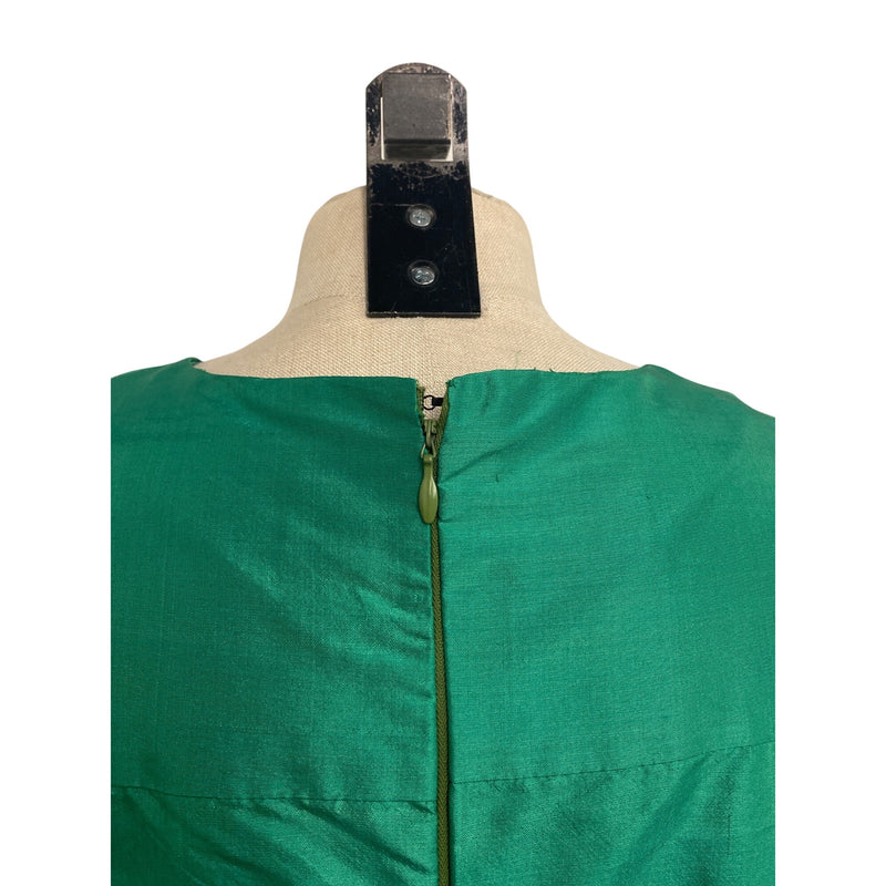 Vintage Handmade Emerald Green Short Sleeve Midi Dress With White Embroidered Lace Detail and Back Zipper Closure