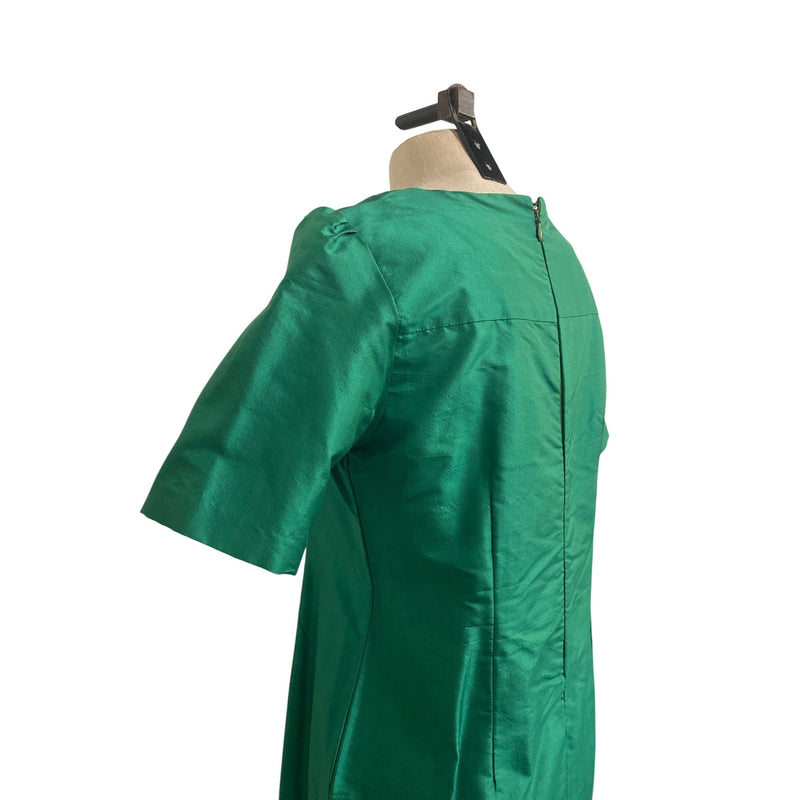 Vintage Handmade Emerald Green Short Sleeve Midi Dress With White Embroidered Lace Detail and Back Zipper Closure