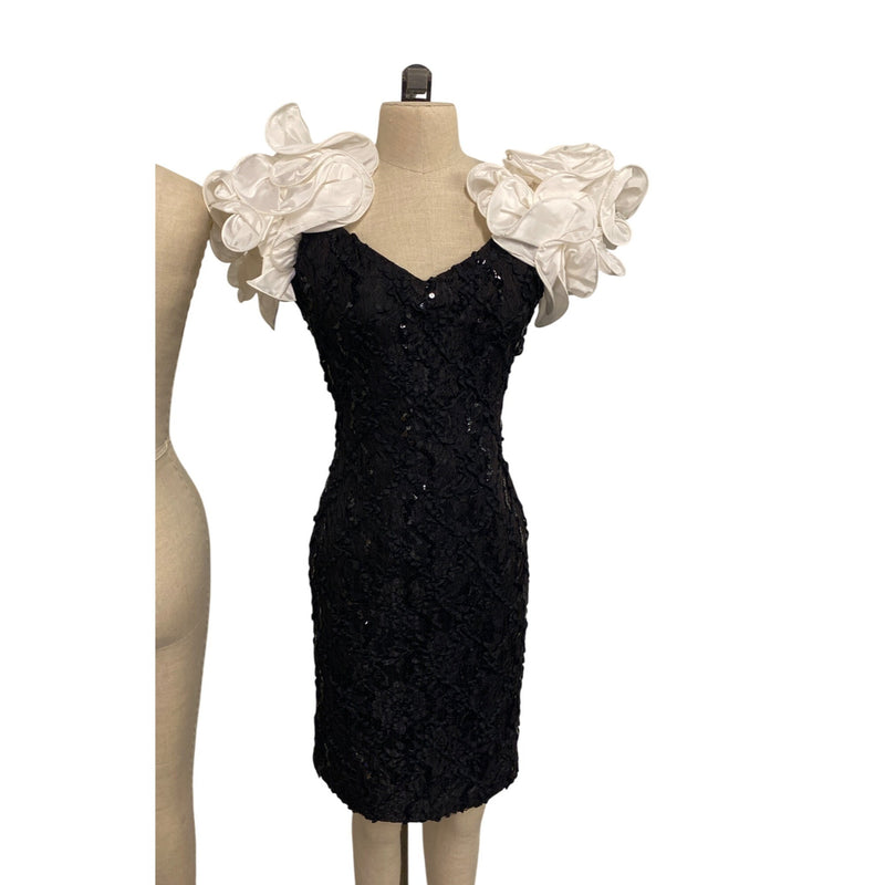 Susan Roselli For VI Jack Black Lace & White Satin Ruffle Dress