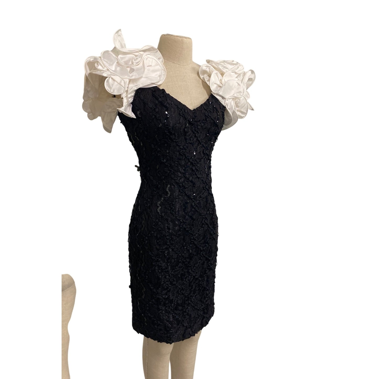 Susan Roselli For VI Jack Black Lace & White Satin Ruffle Dress