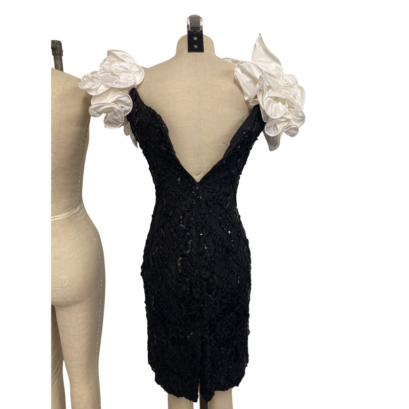 Susan Roselli For VI Jack Black Lace & White Satin Ruffle Dress