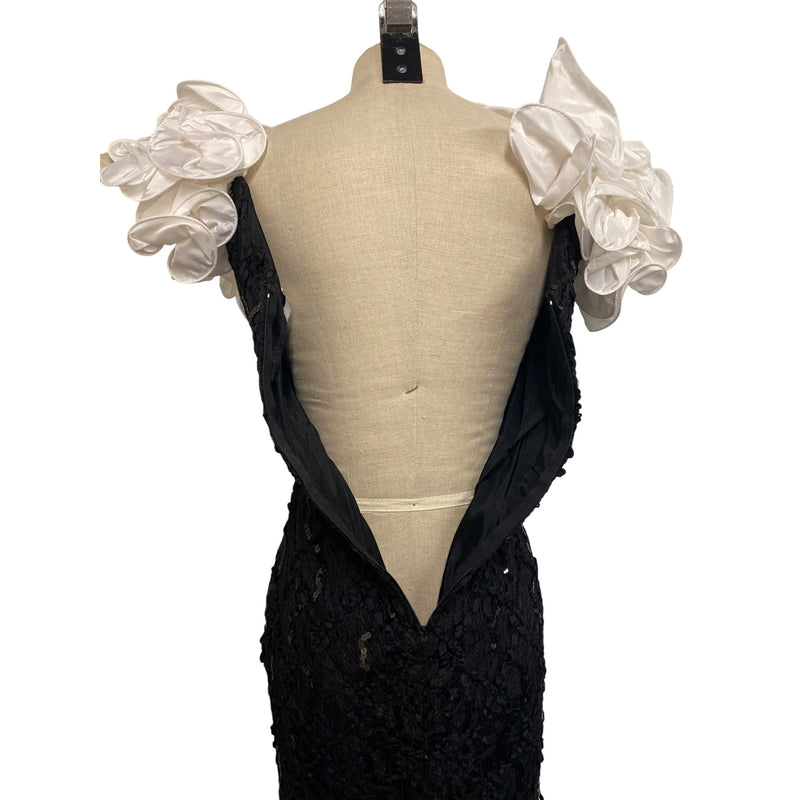 Susan Roselli For VI Jack Black Lace & White Satin Ruffle Dress