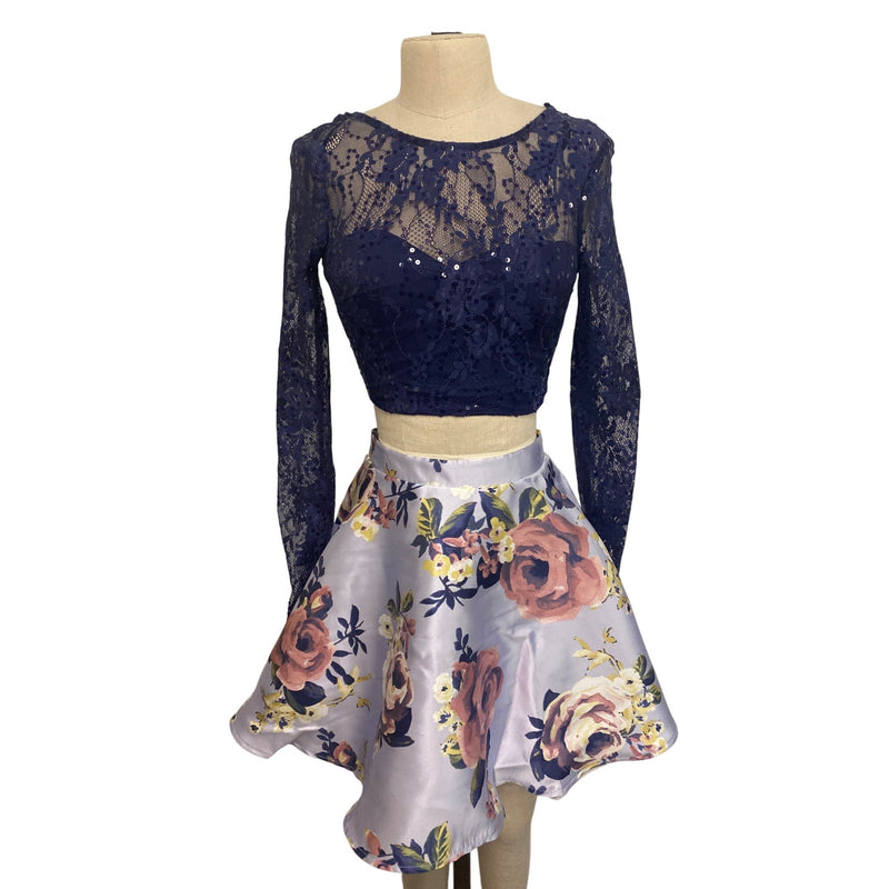 City Triangles 2-Piece Navy Lace & Floral Skirt Top Super Girlie Set Size 3 Juniors