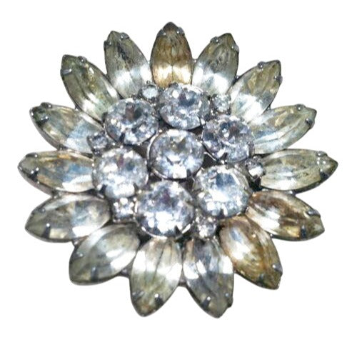 Vintage c.1950s Weiss Smoky Grey Rhinestone Sunflower Brooch Dimensional Tiered Petals 2" Diameter Fundraiser Supports Sustainable Fashion