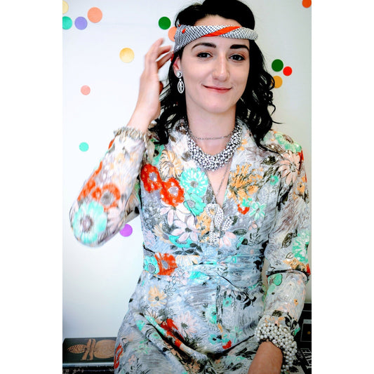 Vintage 1970s Italian Acetate Scarf Headband Navy Orange Polka Dot Rectangular Design Accaessory