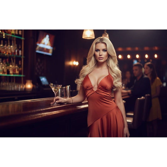Woman in a red dress standing at a bar with drinks in a dimly lit bar setting