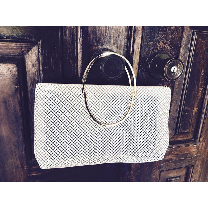White Mesh Metal Purse Handbag Retro Bag Golden Framed Handle Vintage Accessory