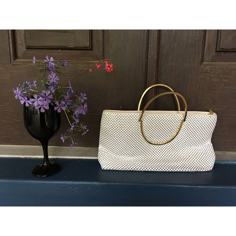 White Mesh Metal Purse Handbag Retro Bag Golden Framed Handle Vintage Accessory