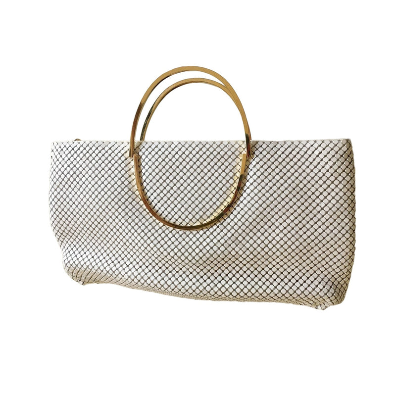 White Mesh Metal Purse Handbag Retro Bag Golden Framed Handle Vintage Accessory