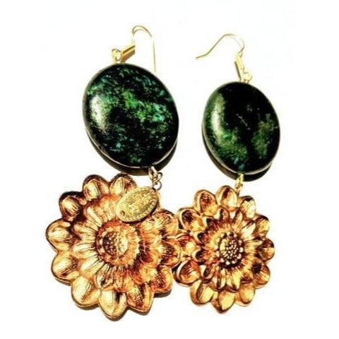 Vintage Brass Flower Earrings W/ Blue-Green Howlite Stones Handmade By Gay Isber Unique USA-Made Jewelry