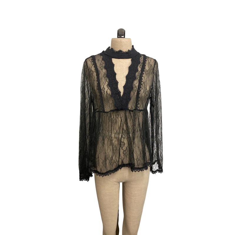Altar’d State Black Lace Bell Sleeve Top With Scalloped Trim & Keyhole Neck