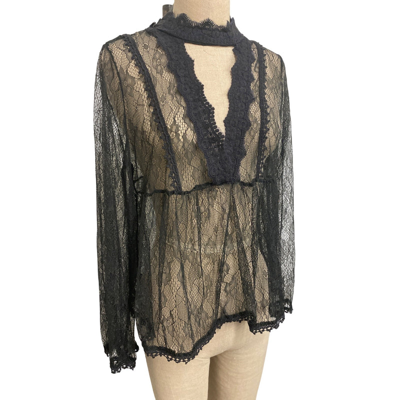 Altar’d State Black Lace Bell Sleeve Top With Scalloped Trim & Keyhole Neck
