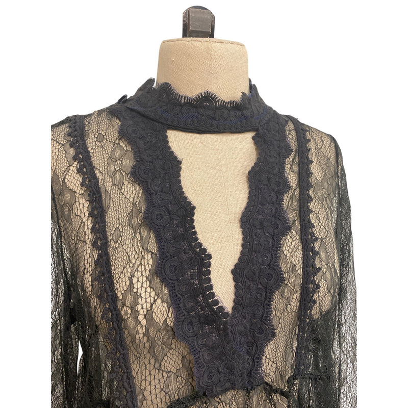Altar’d State Black Lace Bell Sleeve Top With Scalloped Trim & Keyhole Neck
