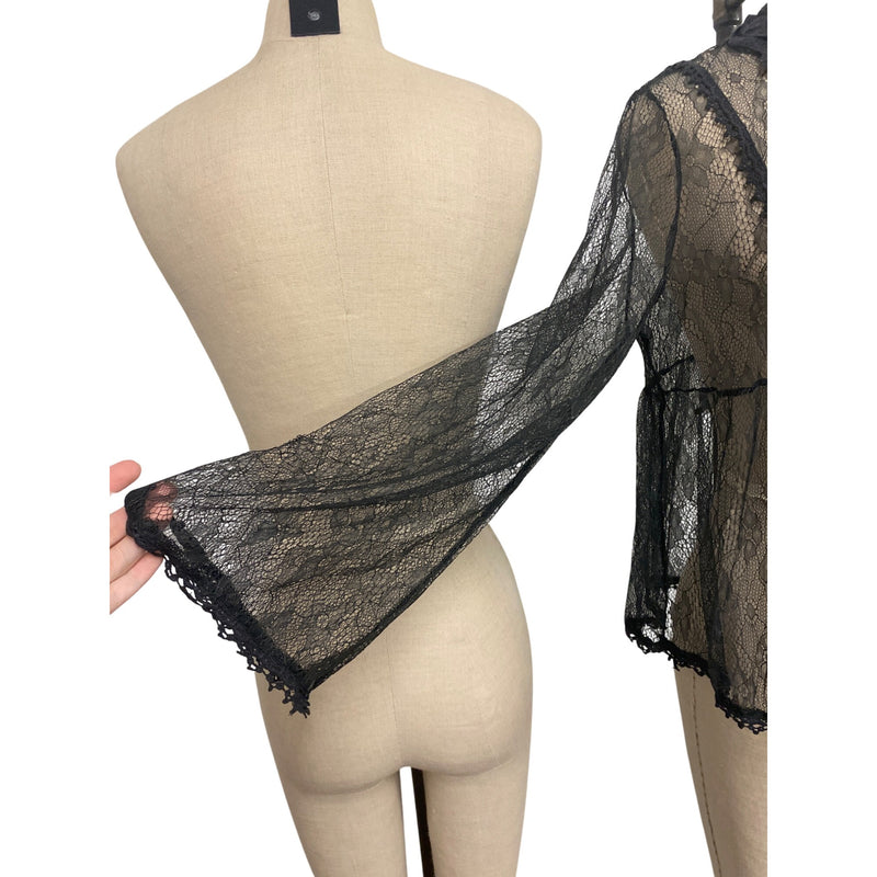 Altar’d State Black Lace Bell Sleeve Top With Scalloped Trim & Keyhole Neck