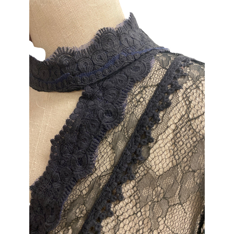 Altar’d State Black Lace Bell Sleeve Top With Scalloped Trim & Keyhole Neck