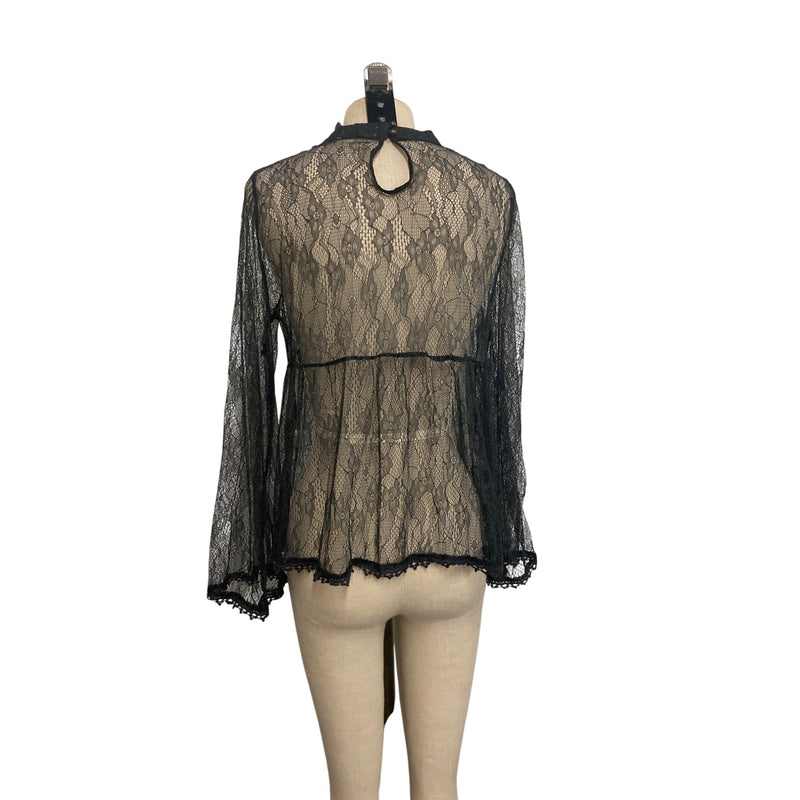 Altar’d State Black Lace Bell Sleeve Top With Scalloped Trim & Keyhole Neck