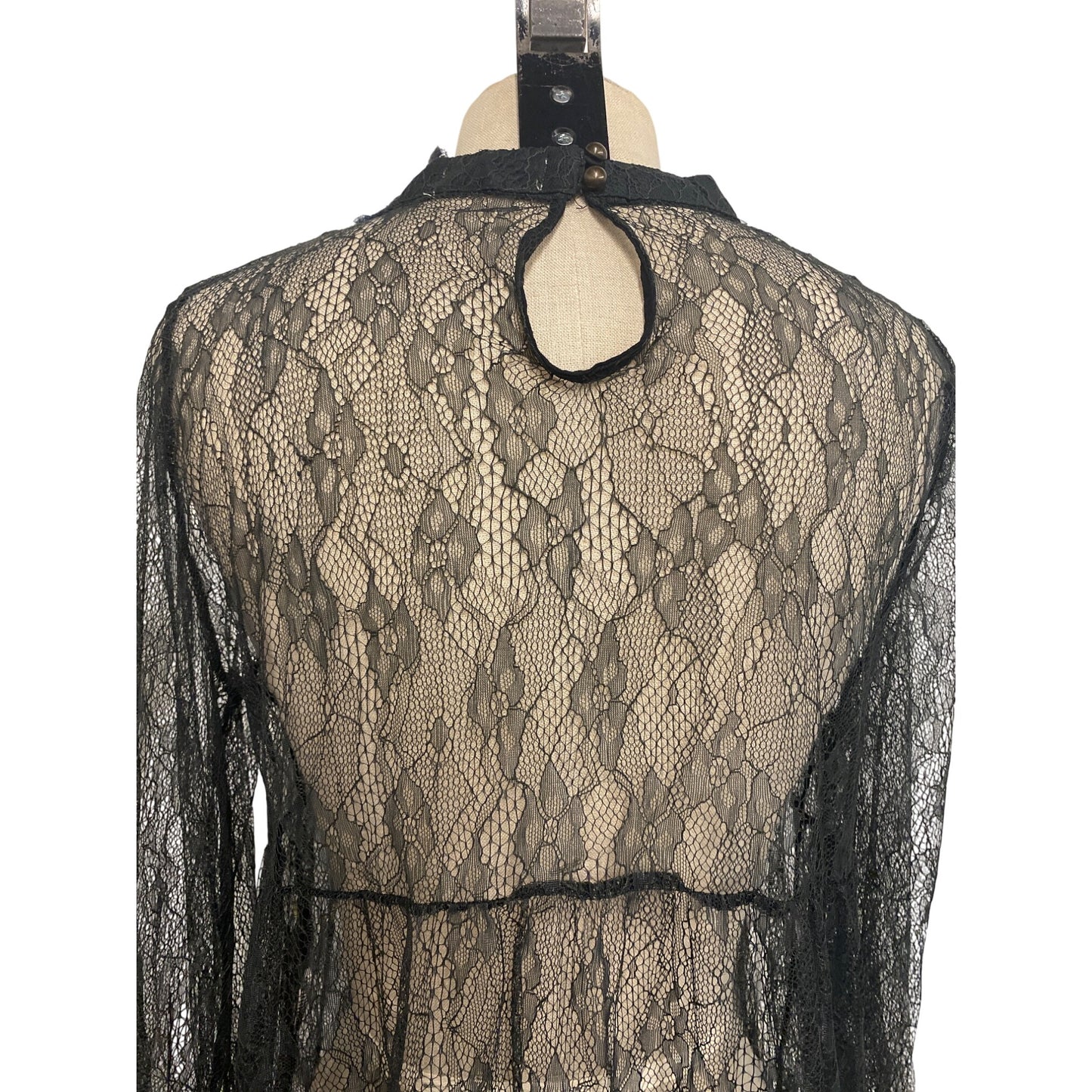 Altar’d State Black Lace Bell Sleeve Top With Scalloped Trim & Keyhole Neck