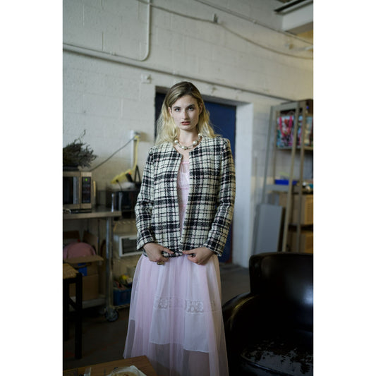 Vintage Herve Benard Collection Plaid Tweed Jacket Pink Black Cream Wool Blazer Outerwear Top
