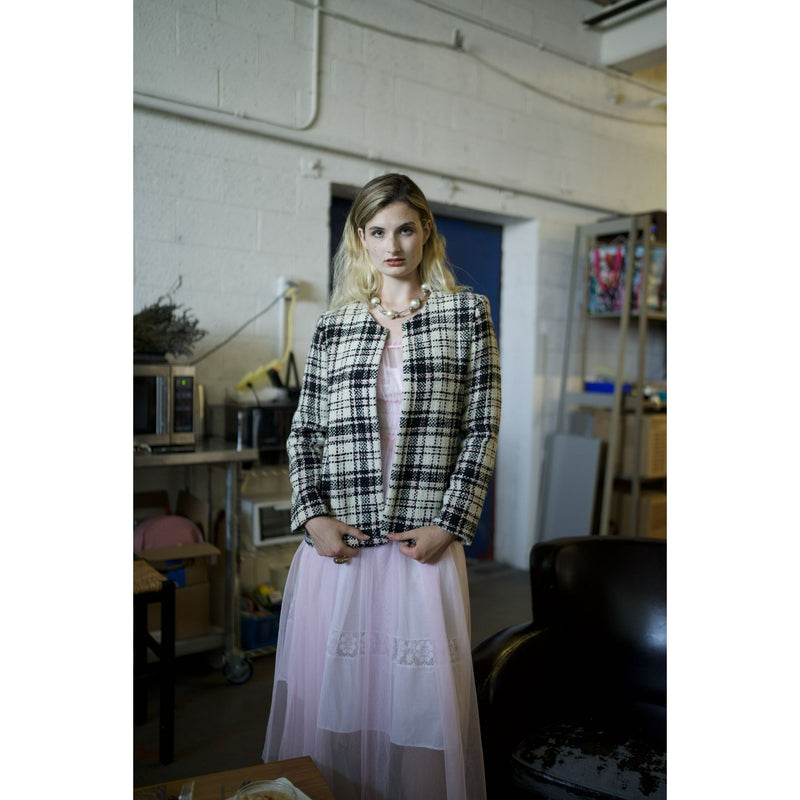 Vintage Herve Benard Collection Plaid Tweed Jacket Pink Black Cream Wool Blazer Outerwear Top