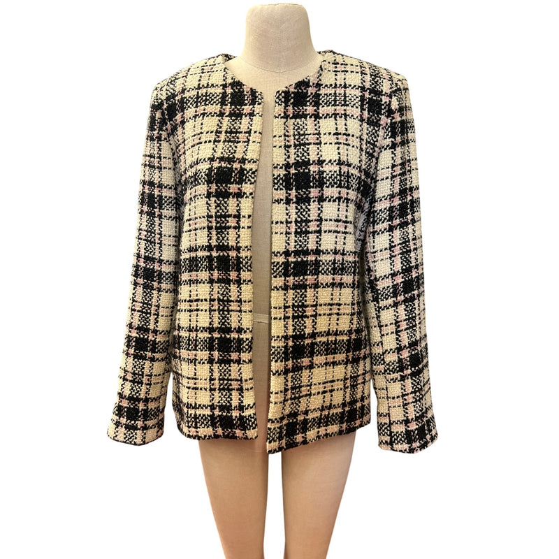 Vintage Herve Benard Collection Plaid Tweed Jacket Pink Black Cream Wool Blazer Outerwear Top