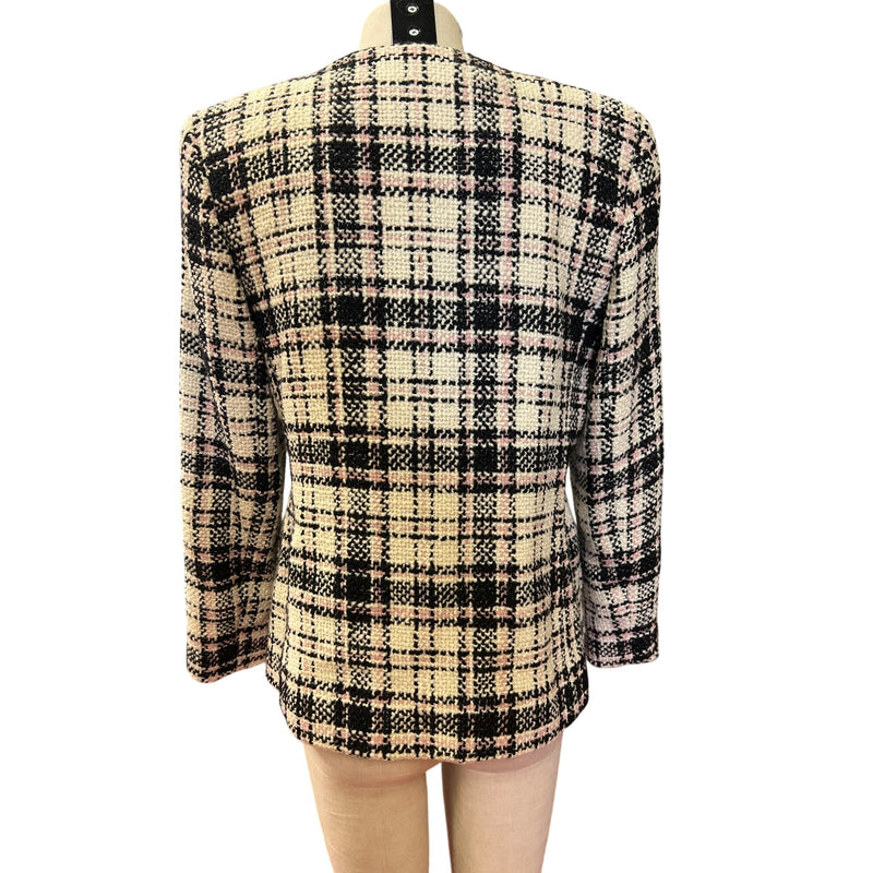 Vintage Herve Benard Collection Plaid Tweed Jacket Pink Black Cream Wool Blazer Outerwear Top