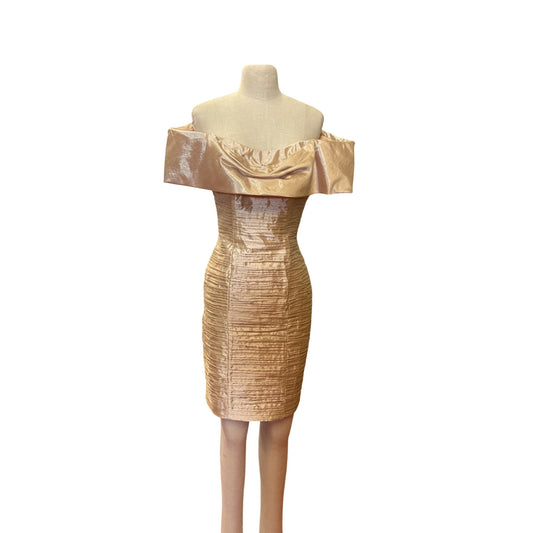 Vintage BB Collection Off-Shoulder Ruched Satin Mini Dress Size S Champagne Color Party Cocktail Evening Wear Homecoming Prom Bridal Dress