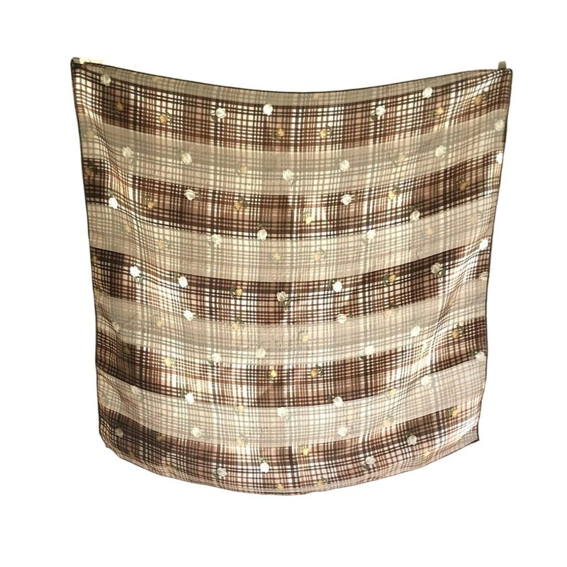 Vintage Brown Plaid Sheer Scarf With Floral Embroidery For Women