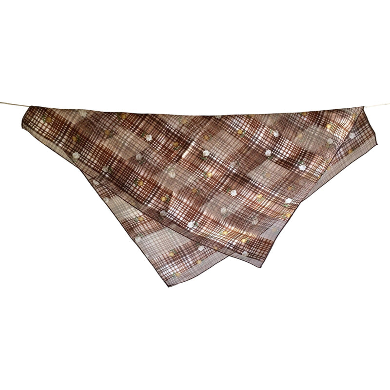 Vintage Brown Plaid Sheer Scarf With Floral Embroidery For Women