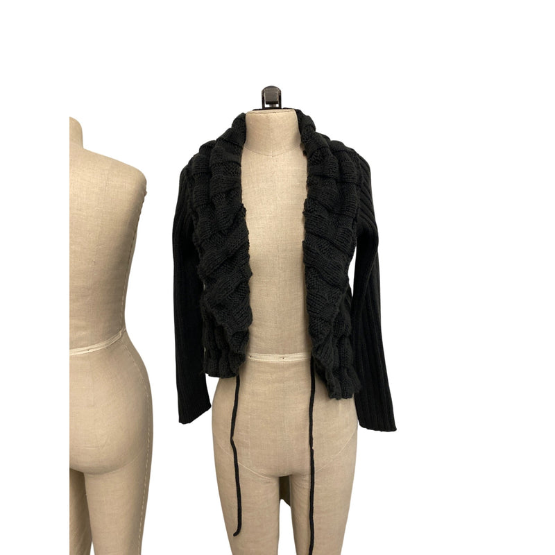 Spense Knits Chunky Knit Black Open Cardigan Shrug With Ruffle Trim & Tie Closure