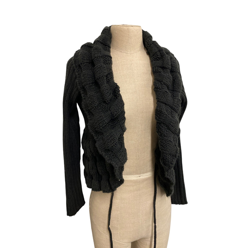 Spense Knits Chunky Knit Black Open Cardigan Shrug With Ruffle Trim & Tie Closure