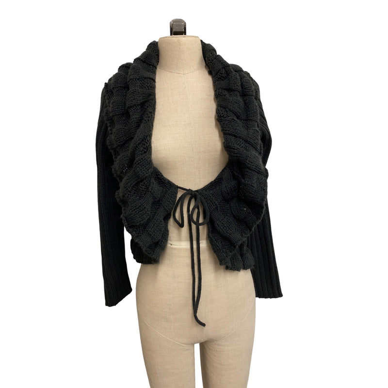 Spense Knits Chunky Knit Black Open Cardigan Shrug With Ruffle Trim & Tie Closure
