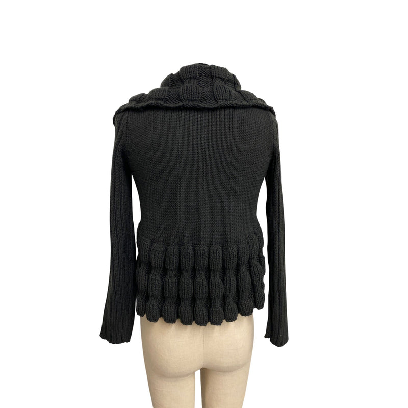 Spense Knits Chunky Knit Black Open Cardigan Shrug With Ruffle Trim & Tie Closure